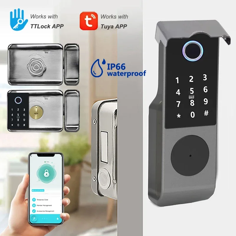 IP66 Waterproof Outdoor Smart Lock Tuya Wifi TTLock Double Side Fingerprint Digital Password IC Card Keyless Electric Door Lock
