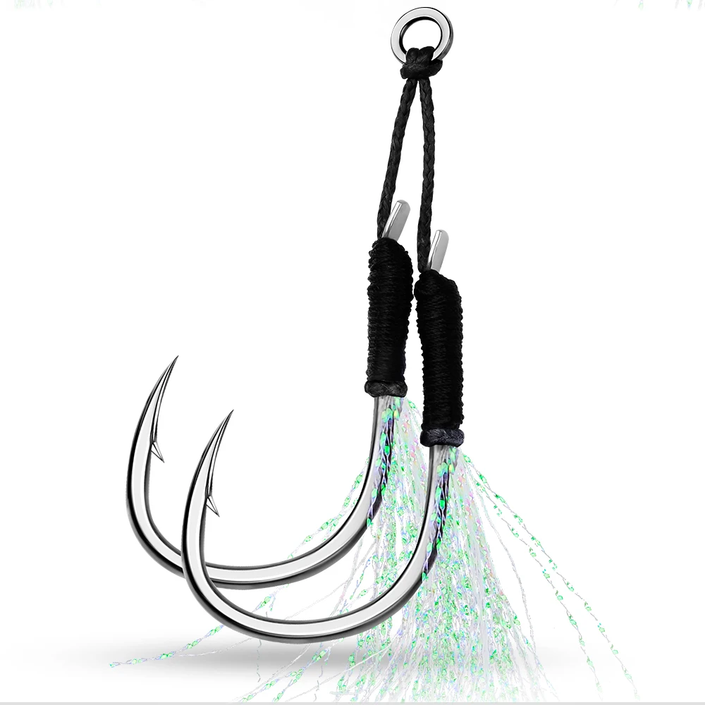 PROBEROS 10 Paar Metall-Jig-Assistent-Haken mit PE-Schnur, Feder, massiver Ring, Jigging-Löffel, Salzwasser-Angelhaken, Angelzubehör – Detail 7