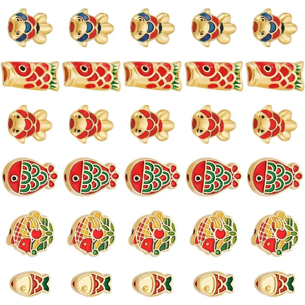 

30pcs 6 Styles Fish Beads Matte Enamel Fish Beads Bead Red Lucky Charms Marine Animal Bead for Crafts Bracelet Necklace