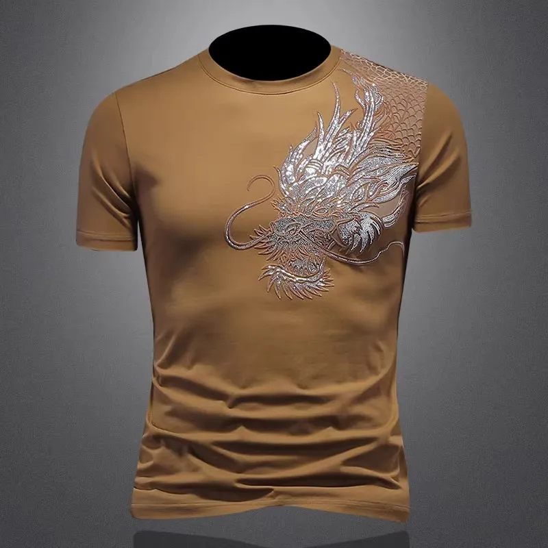 

Мужская летняя футболка с короткими рукавами и вышивкой дракона в китайском стиле, облегающая повседневная модная футболка