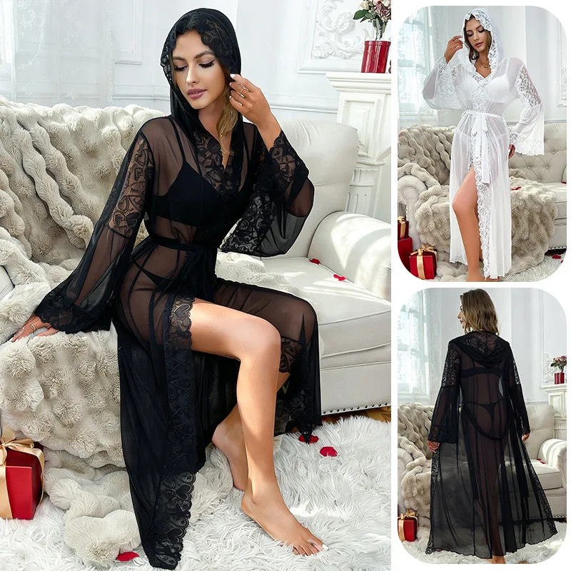 

Luxury Elegant Chiffon Long Robe Nightgown Sexy Hooded Mesh Bathrobe Homewear Women Sleepwear