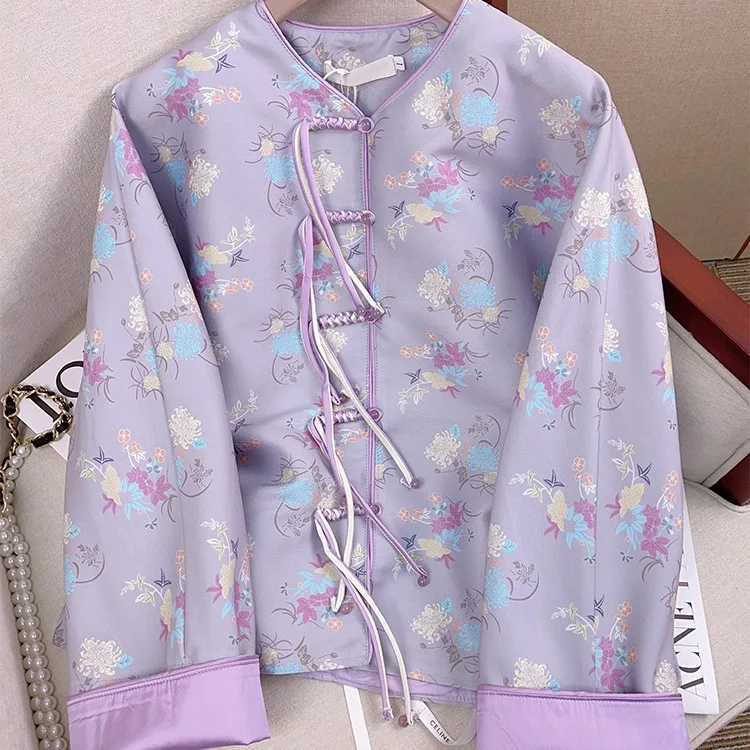 Purple New Chinese Style Coat Women Tang Clothes Vintage Jacquard Jacket Button Down Tops Female Improved Chinese Costumes