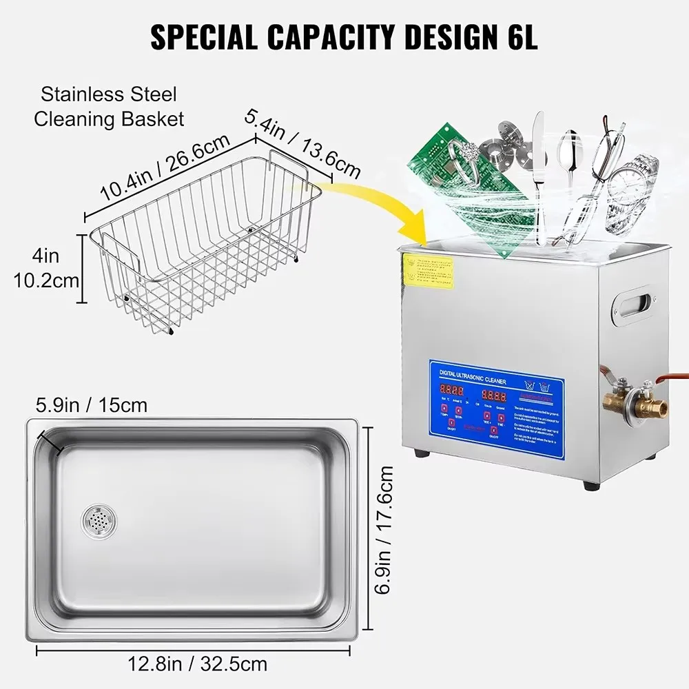 6L Digital Ultrasonic Cleaner Machine Stainless Steel Ultrasonic Cleaning Equipment Household Use Electric Dentures Instruments