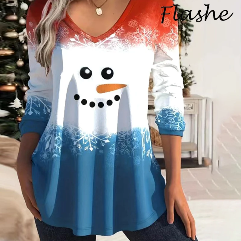 عيد الميلاد المرأة تي شيرت موضة الخامس الرقبة طويلة الأكمام ملابس الحفلات Harajuku المحملة عادية فضفاض المرأة كم طويل تي شيرت الأحمر البلوز #1