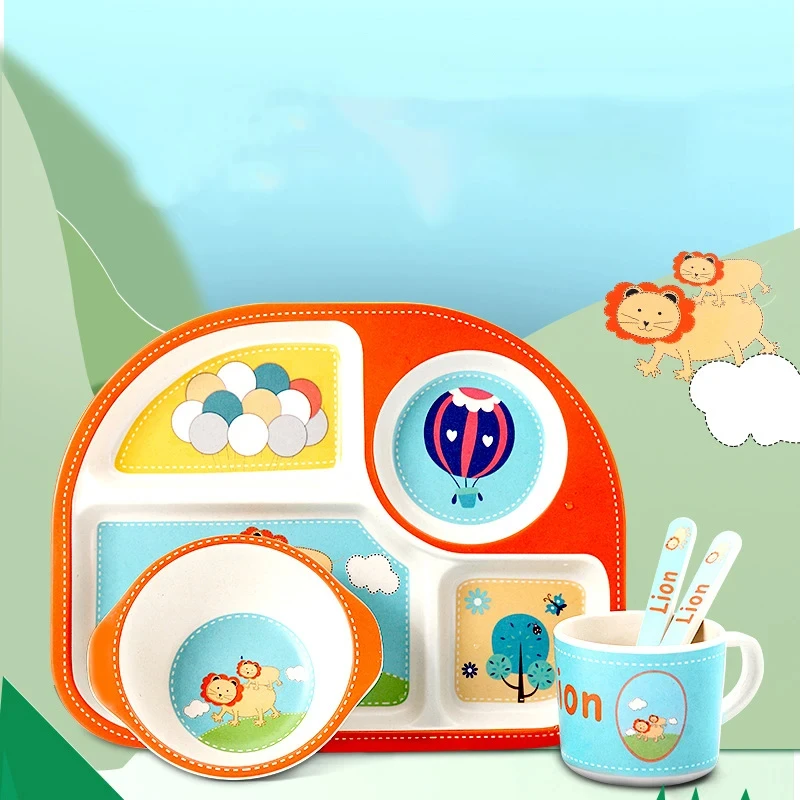 Children's Dish With Partitions Bamboo Fiber Food Plates For Baby Fall-proof Baby Feeding Bowl Cartoon Kids Tableware