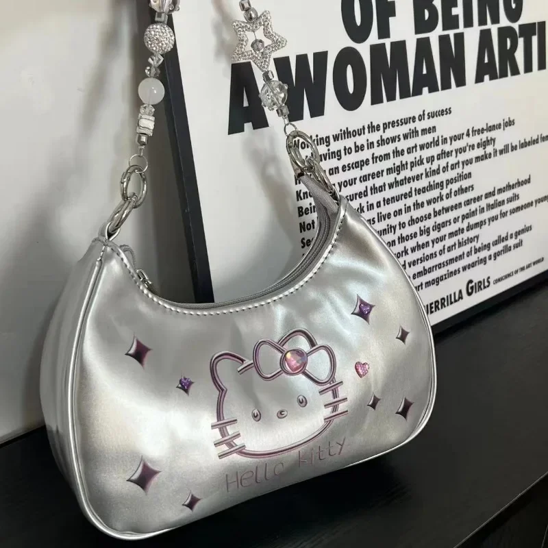 Borsa Hello Kitty 2024 Nuova borsa moda argento fatta a mano stampata a forma di cartone animato sotto le ascelle tracolla singola a spalla crescente di fascia alta