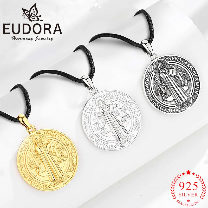 eudora colar saint benedict para homens e mulheres cruz de ouro 18k pingente amuleto religioso prata esterlina 925 joias personalidade 01