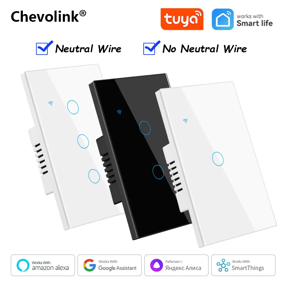 

Tuya Smart Switches US Neutral Wire/No Neutral Wire Required 1/2/3/4 Gang Light WiFi Touch Switch Work with Alexa Google Home