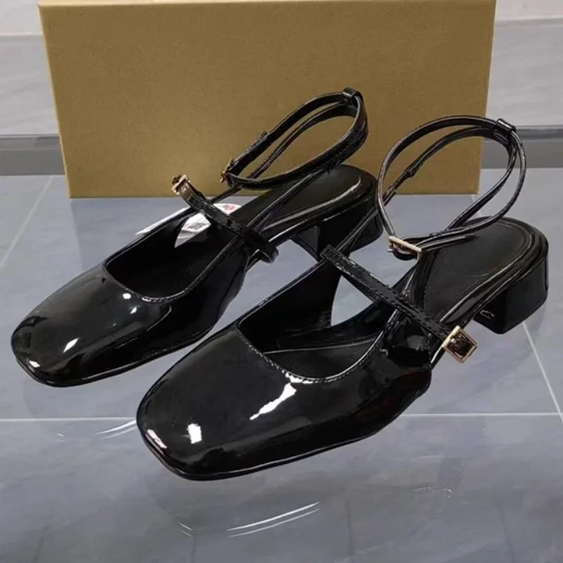 

Retro Square Toe Women Mary Jane Shoes 2025 Summer Fashion Ankle Strap Thick Heels Elegant Black Slingbacks Ladies Sandals
