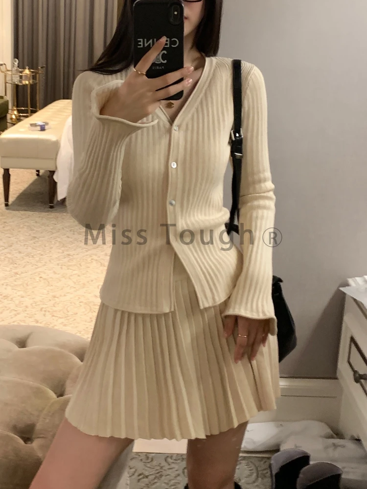 Knitted French Vintage Two Piece Set Women Office Lady Solid Mini Skirt Suit Female Korean Style V-Neck Elegant Sets Autumn 2023