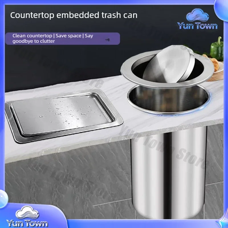 Food Waste Disposers Kitchen Trash Can Countertop Recessed Stainless Steel Swing Lid Built-in Handle, Trash Can Lid, No