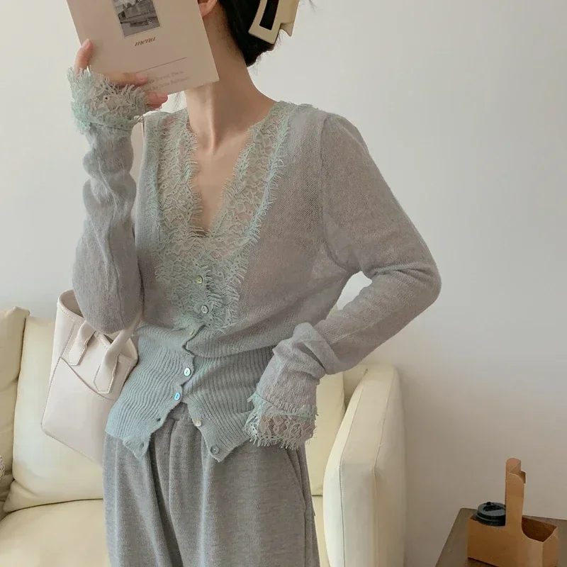 Seoulish Vintage Spitze gestrickte Strickjacken für Frauen 2024 neue Herbst Winter solide lässig schlanke koreanische Stil Damen Tops weiblich