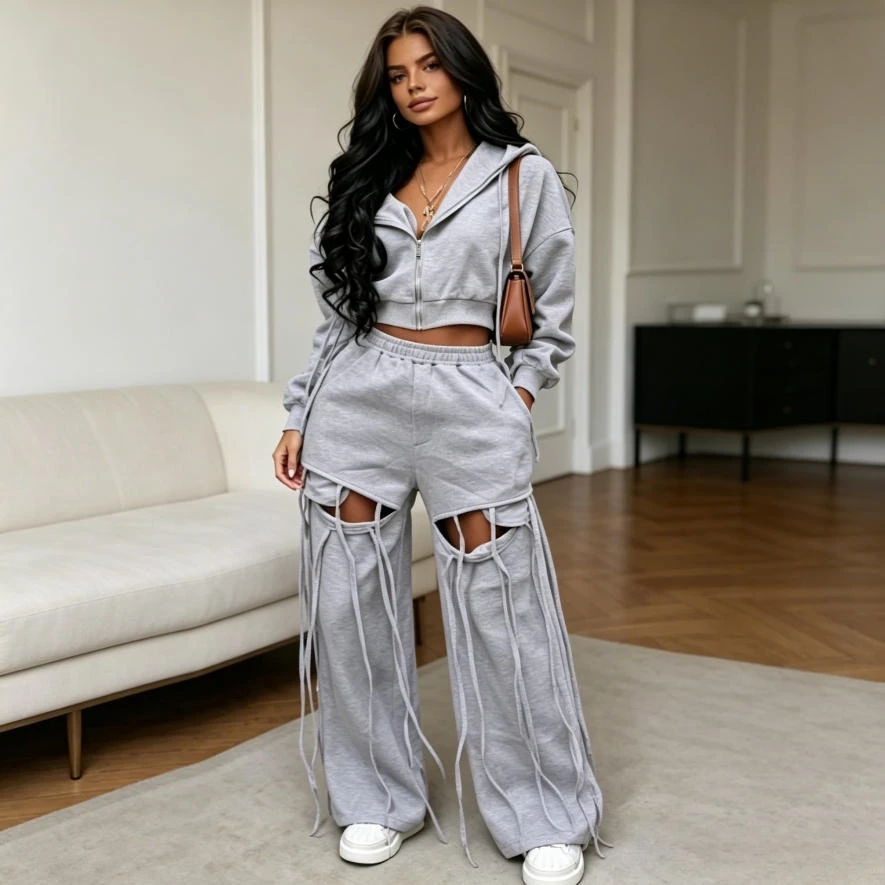 

Pant Set Women Two Piece Sets Full Sleeve Hoodie Zipper Coat Wide Leg Long Pants Hollow Out Elastic Waist Drawstring High Street