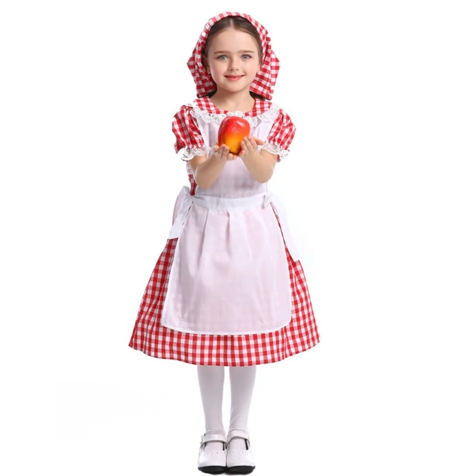 Kids Red White Gingham Farm Girl Costume Short Sleeve Plaid Dress with White Apron Headscarf Children Country Maid Outfit PS66