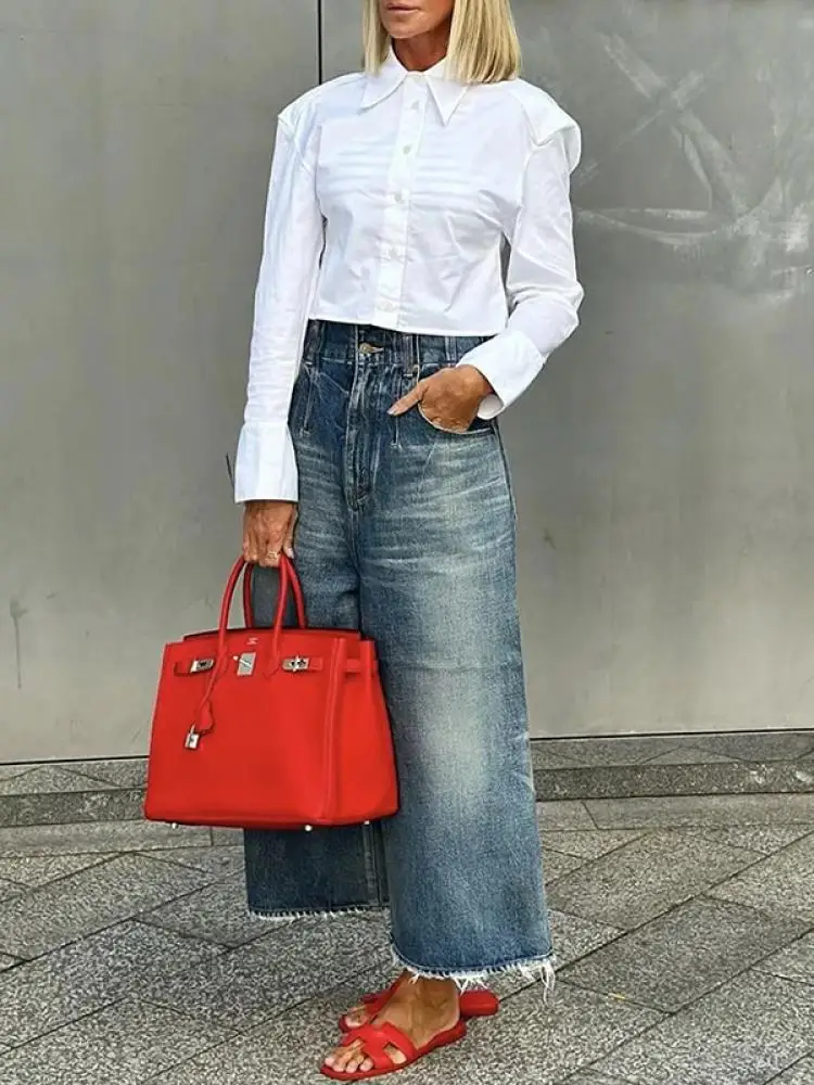 Freeacy Damen Imitation Jeans hose Frühlings-und Sommer mode High Taille Wide Leg Jeans Casual Streetwear Bottoms