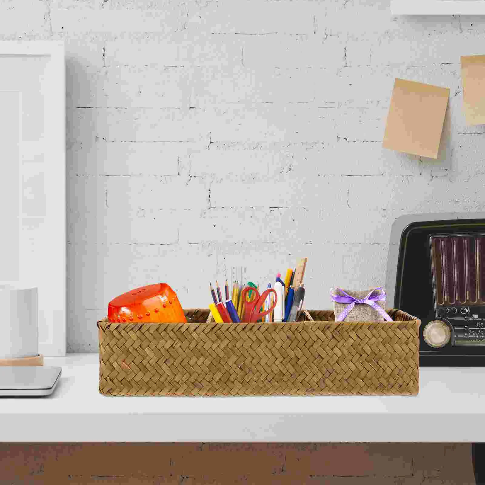 3 Compartments Woven Storage Box High Grade Straw Desktop ganizer Bins Containers Case Baskets Sundries ganizers Tidy