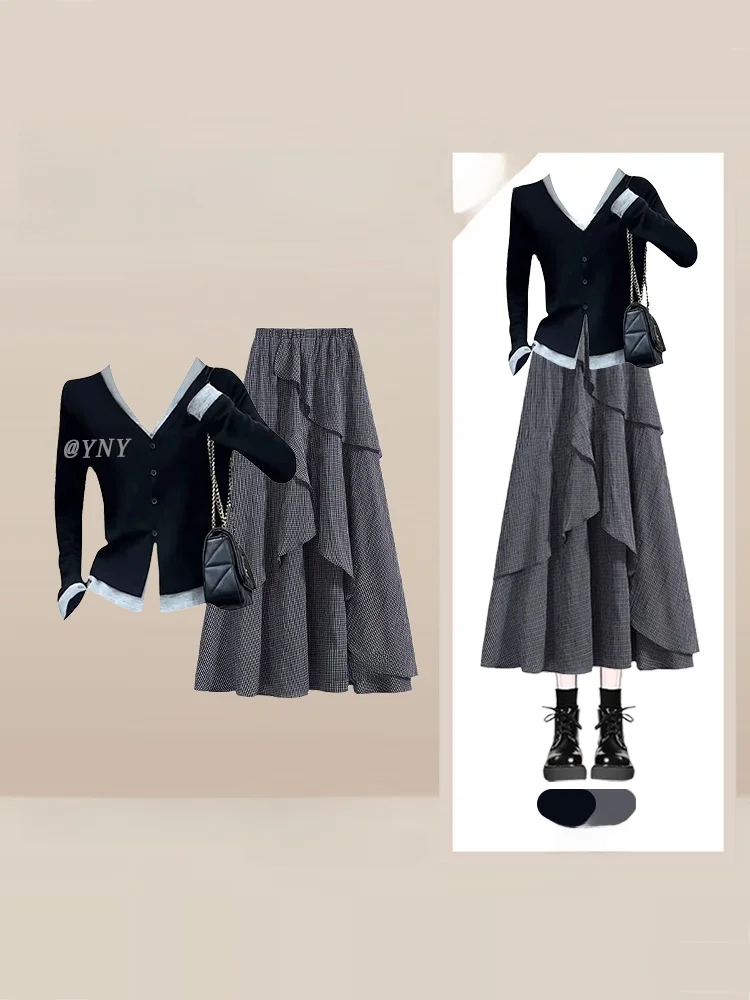 

plus Size Autumn Winter New Sle Slim Fit Long Sve T-irt Base irt Bla Wood Ear f Skirt Set Women's Faion Set