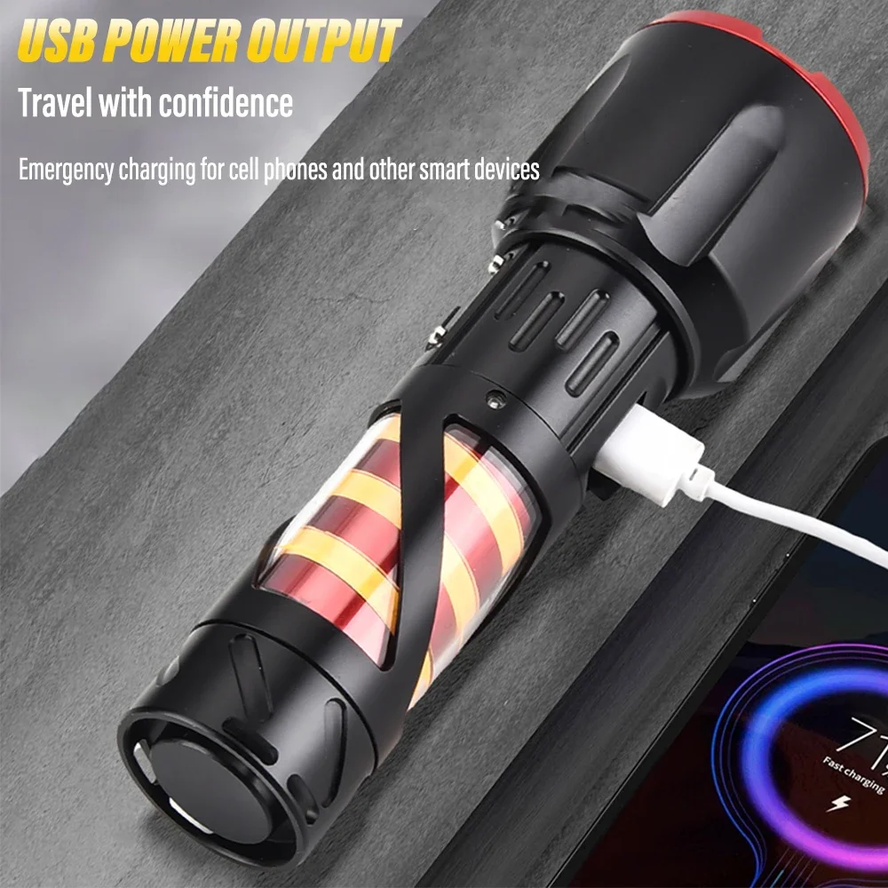 High Lumen LED Flashlight Portable Telescopic Zoom Torch with Side Lights USB Rechargeable Flashlights Outdoor Emergency Light