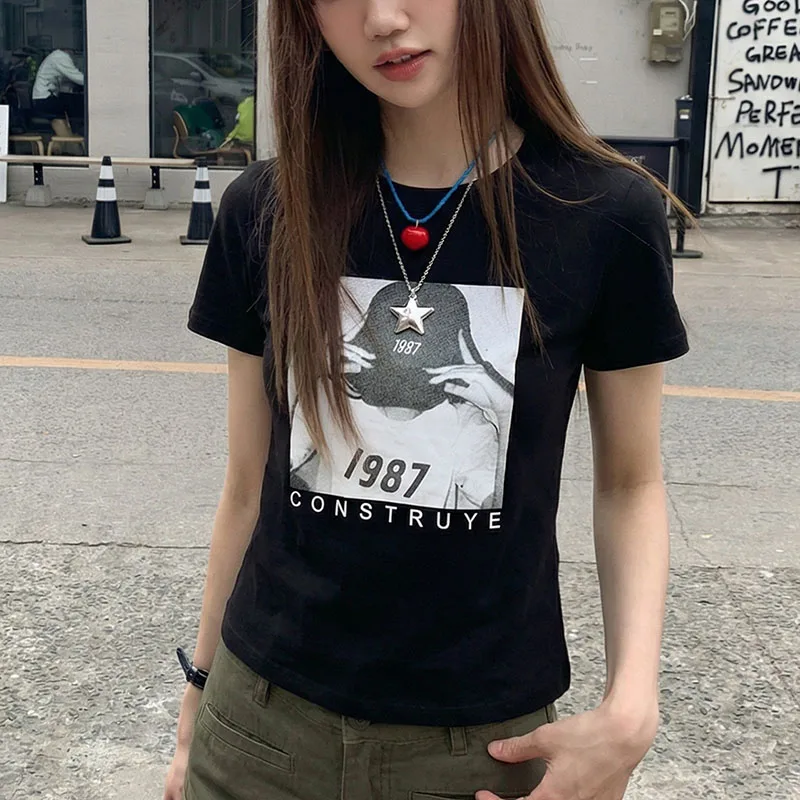 Printed Short Sleeve T Shirt for Women Vintage Cotton White Tshirts 2026 Summer Korean Clothes O Neck Slim Tee Shirt Femme