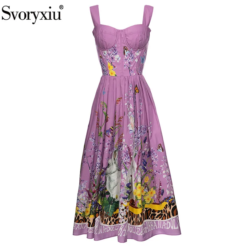 

Svoryxiu Summer Fashion Runway Spaghetti Strap Animal Print Cotton Midi Dress Women's Sleeveless High Waist Slim Dress