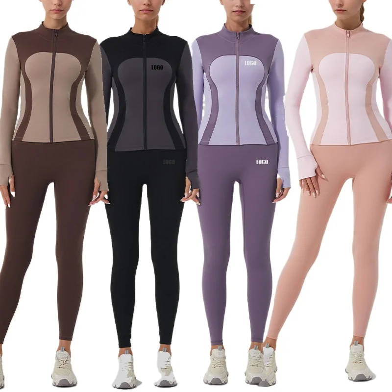 

Новый женский фитнес-йога с логотипом на заказ, спортивные модные брюки с длинными рукавами и воротником-стойкой на молнии, комплект из двух предметов