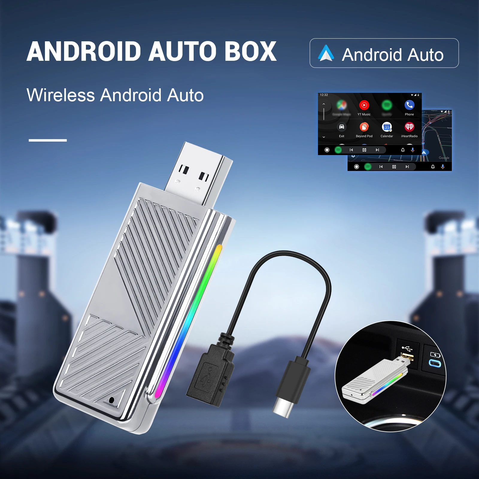 Podofo Android Auto Box Wired To Wireless Android Auto Voice Assistant Android Auto Adapter WIFI USB/Type-C Bluetooth Adapter