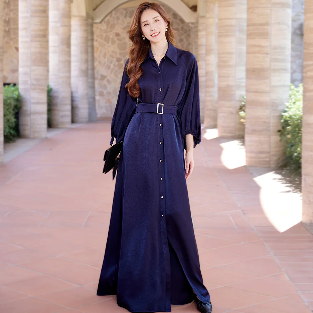 

New Women Autumn Long Shirt Dress Fashion Turn-down Collar Single Breasted High Waist Dress Elegant Exquisite Dress Spring