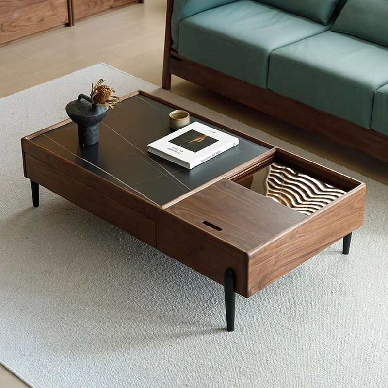 Black walnut coffee table TV cabinet combination Nordic modern simple living room small square table log rock slab edge table