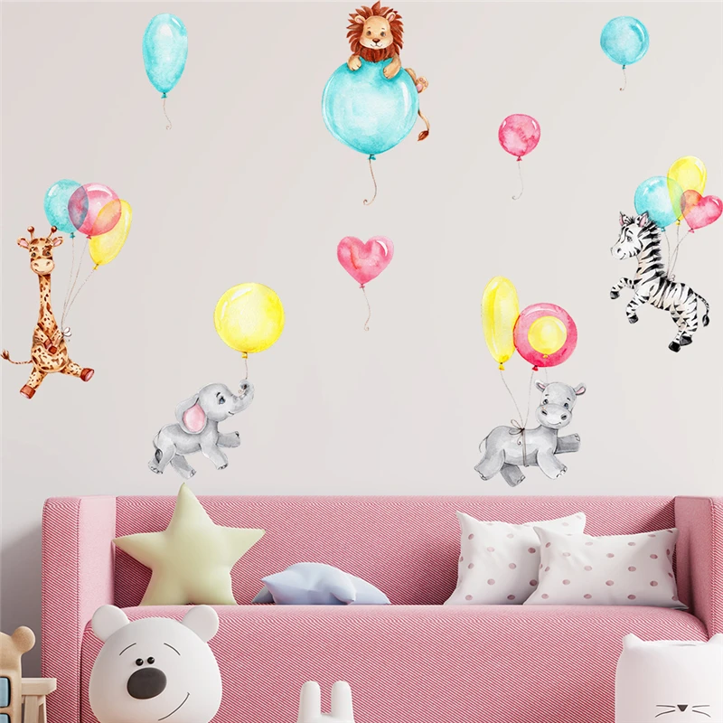 Cute Lion Giraffe Zebra Colorful Balloon Wall Sticker For Home Decoration Cartoon Animals Mural Art Kids Room Decal Pvc Poster