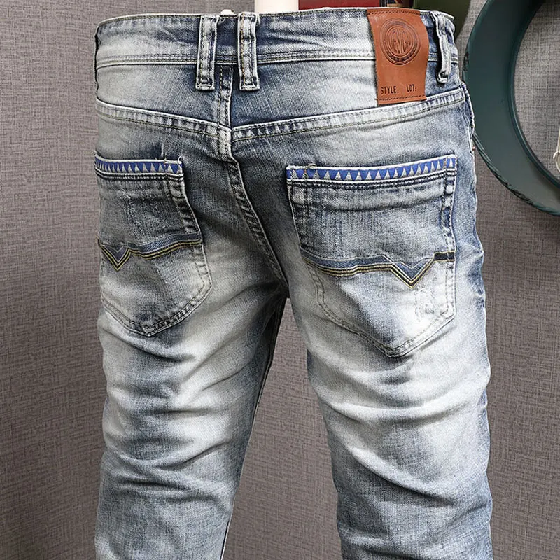 Newly Designer Fashion Men Jeans Retro Blue Washed Elastic Slim Fit Ripped Jeans Men Stretch Trousers Vintage Denim Pants Hombre