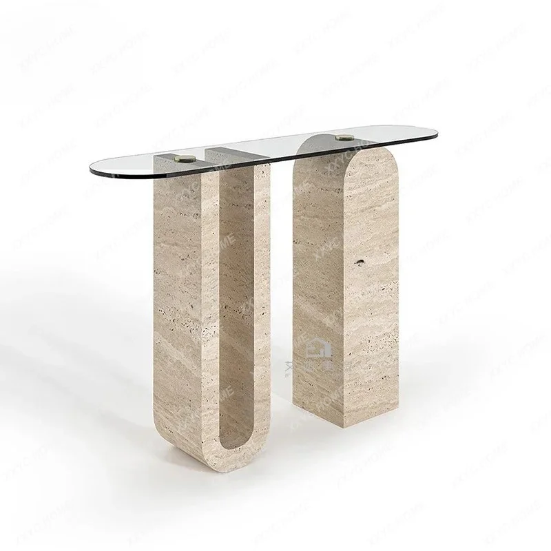 X-S  light luxury natural travertine entrance table minimalist aisle against the wall simple case HG