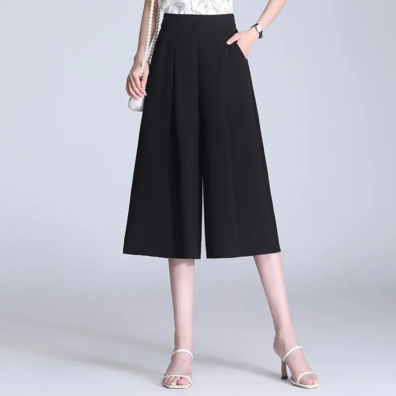 Summer Fashion Korean New Loose Pants Skirt Women Solid Elastic High Waist Patchwork Pocket Versatile Casual Wide Leg Trousers