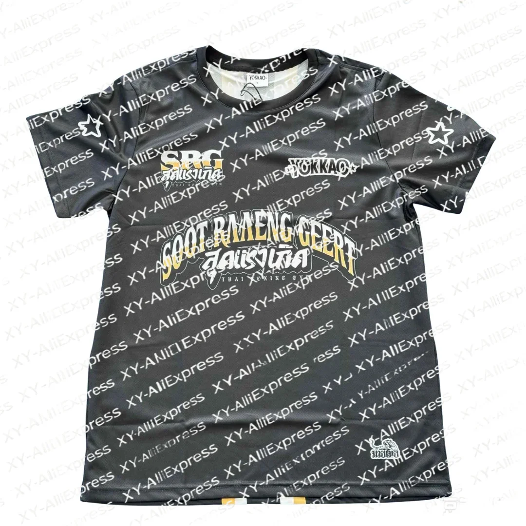 Dark Grey Vintage Curve Letter Muay Thai Short Sleeve Tee, Breathable Quick-Dry for Team Daily Training Sessions