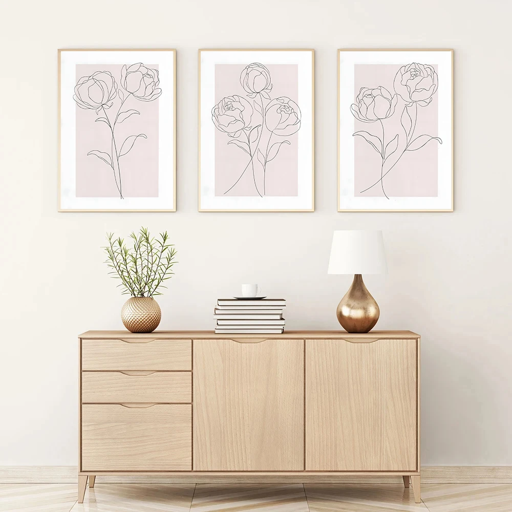 Soft Pink Minimal Line Floral Wall Art Continuous Single Line Peony Bloom Sketch Posters for Vanity Bedside Entryway Home Decor