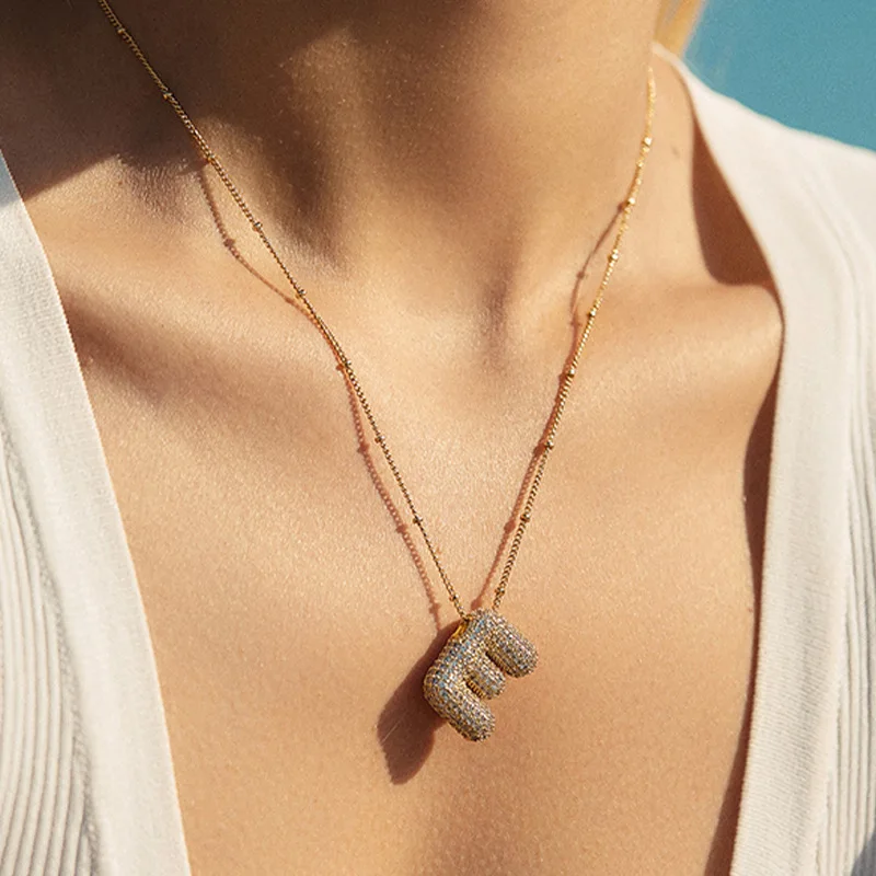 Fashion Gold Color Bubble Letter Pendant Necklace Shiny Zircon Initial Necklaces For Women Girls Birthday Party Gift Jewelry image 3