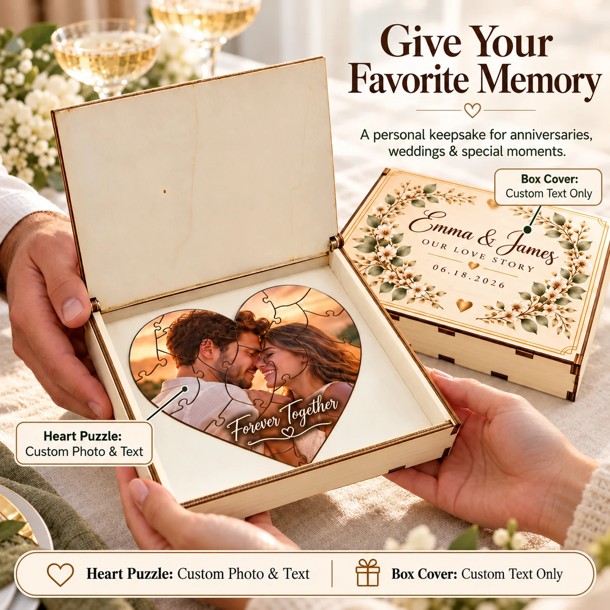 Heart Photo Puzzle with Custom Image and Text, Personalized Name and Date for Couples Wedding Anniversary Wood Keepsake Boxes