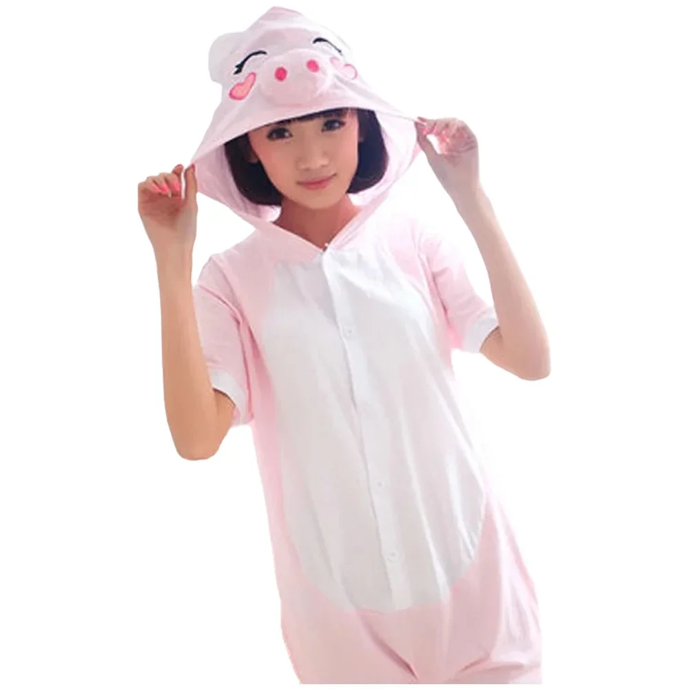 

Women Girls Summer Short Sleeve High Quality Adult Kigurumi Cute Cotton Pink Pig Pajamas Animal Onesie Costume For Party