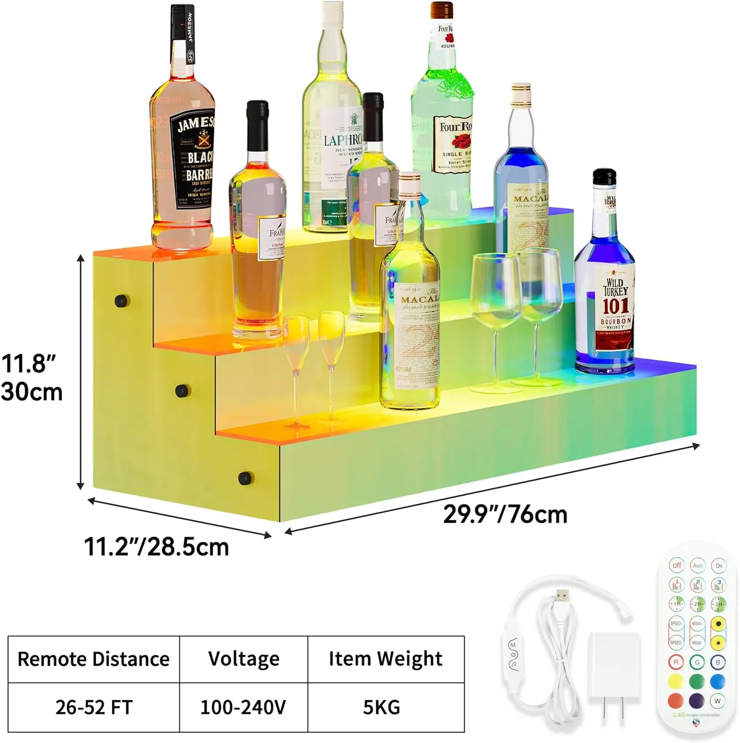 Butelka z alkoholem LED półka ekspozycyjna 3-poziomowe 30-calowe półki barowe kolorowe schowek akrylowy Rack RF pilot i kontrola aplikacji