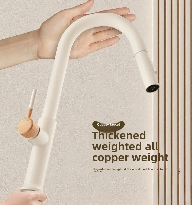 Cream Wooden Handle All Copper Faucet - Pull-Out Hot & Cold Kitchen Sink Faucet Retractable Rotating Mixer Tap W/Spray Function