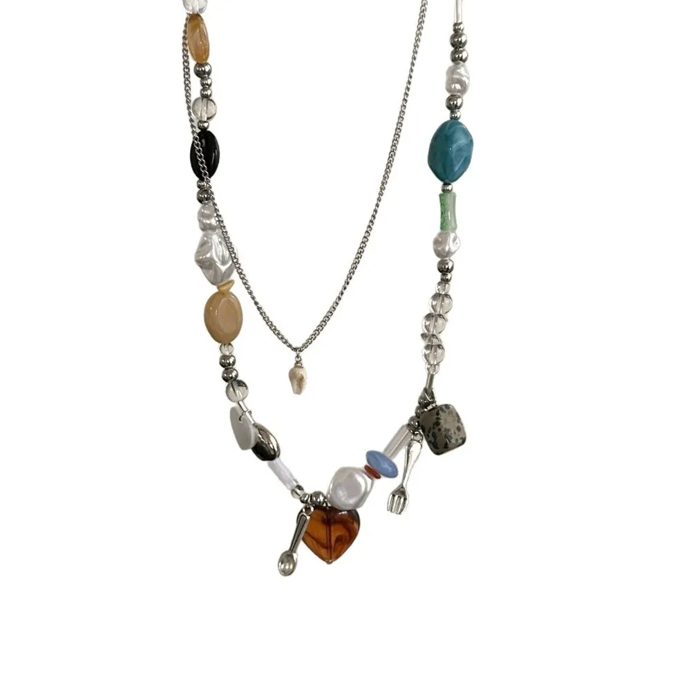 2 قطعة بسيطة طبقة مزدوجة على شكل قلب قلادة قلادة شوكة ملعقة غير النظامية حجر قلادة معدنية خمر سلسلة الترقوة يؤرخ