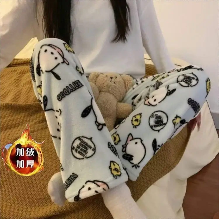 Sanrio Hello Kitty Coral Fleece Pyjamahose Herbst Winter Verdickte und mit Fleece gefütterte Oberbekleidung Flanellhose in Übergrößen