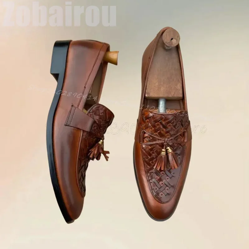 

Brown Knitted Design Tassels Decor Penny Loafers Fashion Slip On Men Shoes Luxury Handmade Party Banquet Office Men Dress Shoes