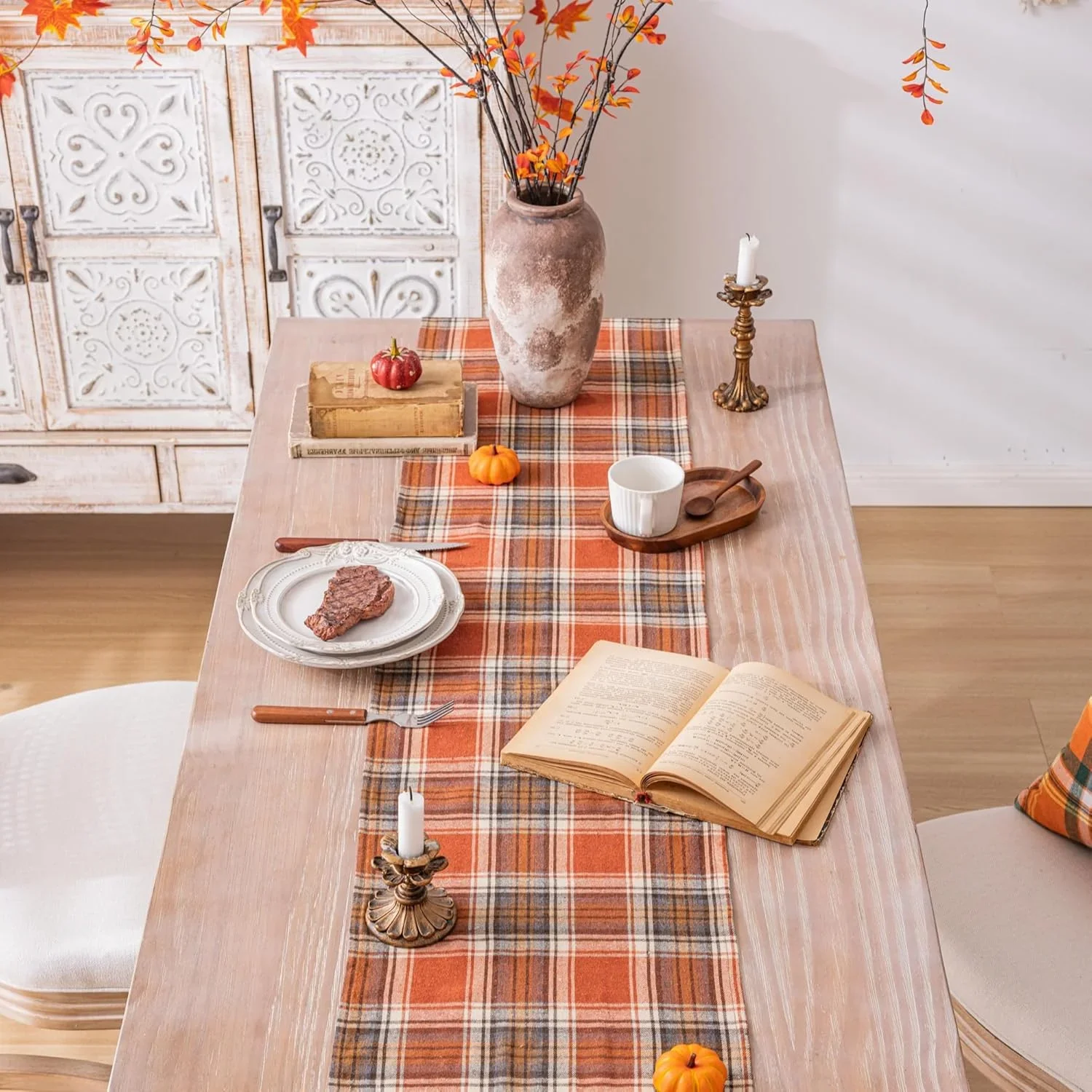 Plaid Thanksgiving Table Runner, Rustic Orange Brown Check Table Runner, Farmhouse Kitchen Dining Table Decor