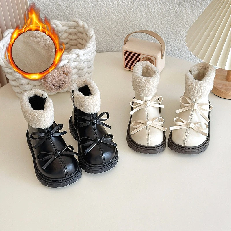 

2025 New Baby Girls Winter Sweet Bow Fashion Short Boots Princess Cute Design Kids Cotton Boots Luxury Childrens Casual Shoes