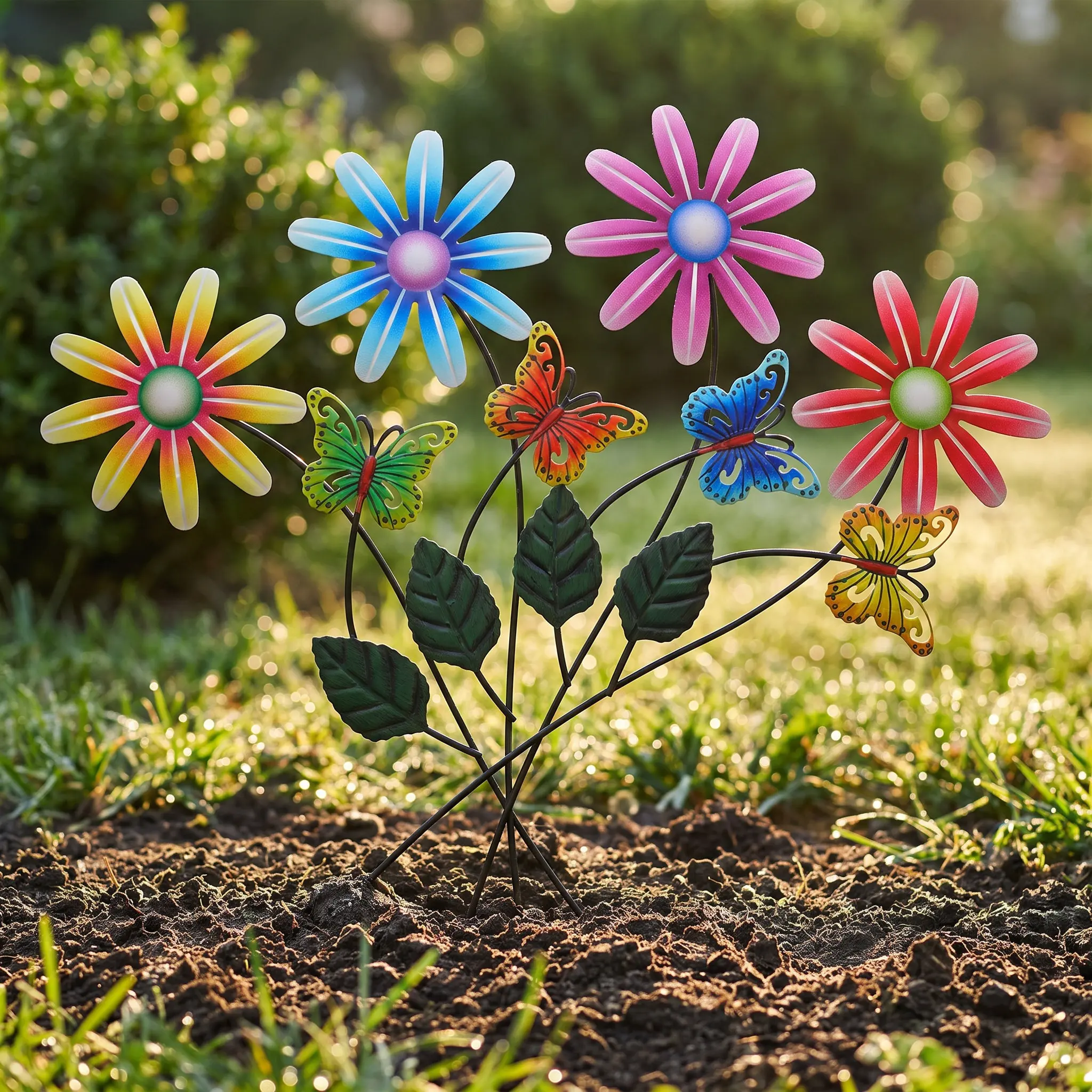 4Pcs Metal Flower Garden Stakes Iron Butterfly Yard Art 13 Garden Bed Decorative Outdoor Butterfly Decorations Weatherproof