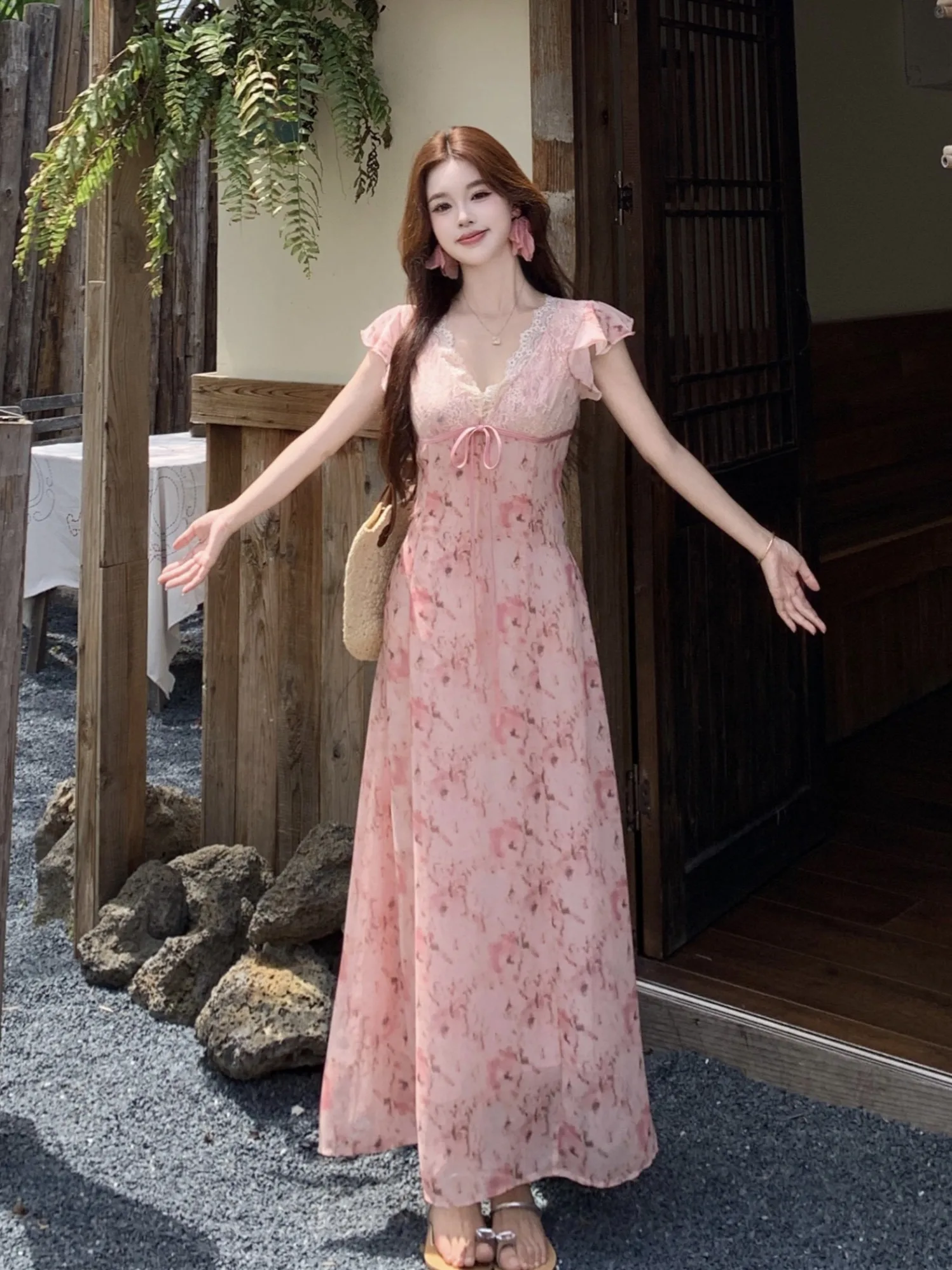 

plus Size Floral Print V-Neck Short Sleeve Long Dress Women's Summer New Style Waist Cinched Beautiful Maxi Dress Holiday Wear