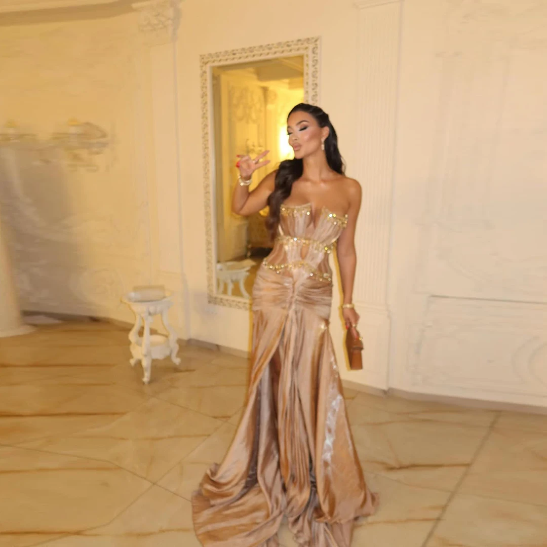 

Блестящие кристаллы бальное платье Вечернее платье Элегантные плиссированные атласные платья для выпускного вечера без бретелек с высоким разрезом Русалка Коктейльные платья 2025