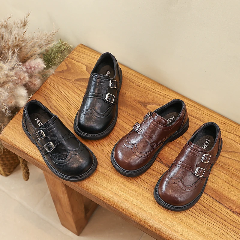 Girls Retro Leather Dress Shoes with Double Buckles 2026 New Toddler Chunky Mary Jane Flats Soft Sole Classic Kid School Uniform
