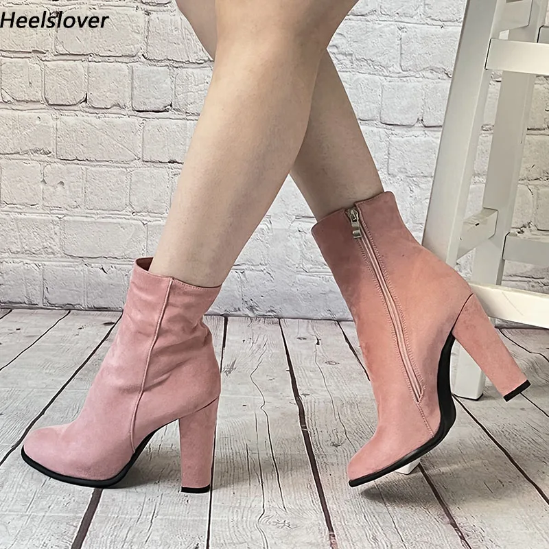

Ahhlsion Женские зимние ботильоны ручной работы, унисекс, замшевые туфли на массивном каблуке с круглым носком, красивые розовые туфли для вечеринок, размер США, большие размеры 5-20