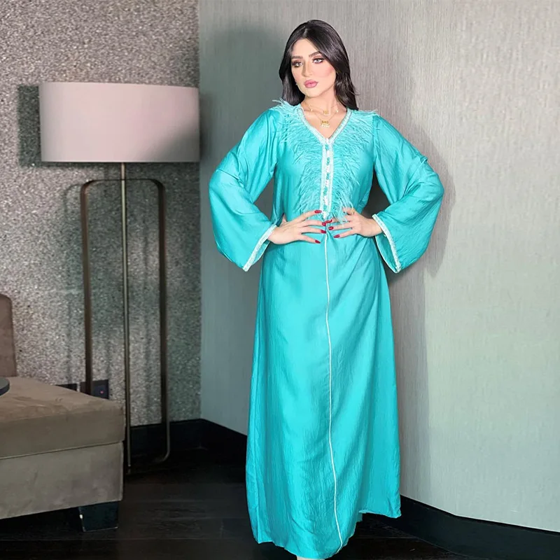 Arab Robe Dubai Dress Middle Eastern New Muslim Fashion Feather Splice